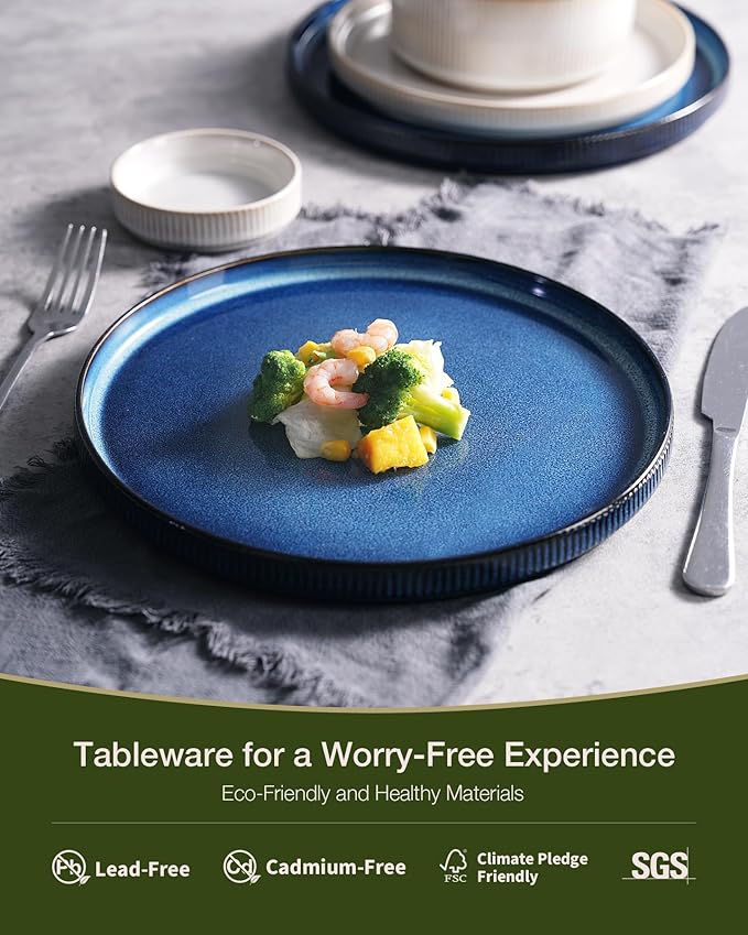 Famiware Star Dinnerware Set, Plates and Bowls Sets for 4 (12pcs), Ribbed Stoneware Dishes - Chip & Scratch Resistant, Microwave & Dishwasher Safe, Multicolor - Cappuccino White & Nebulas Blue