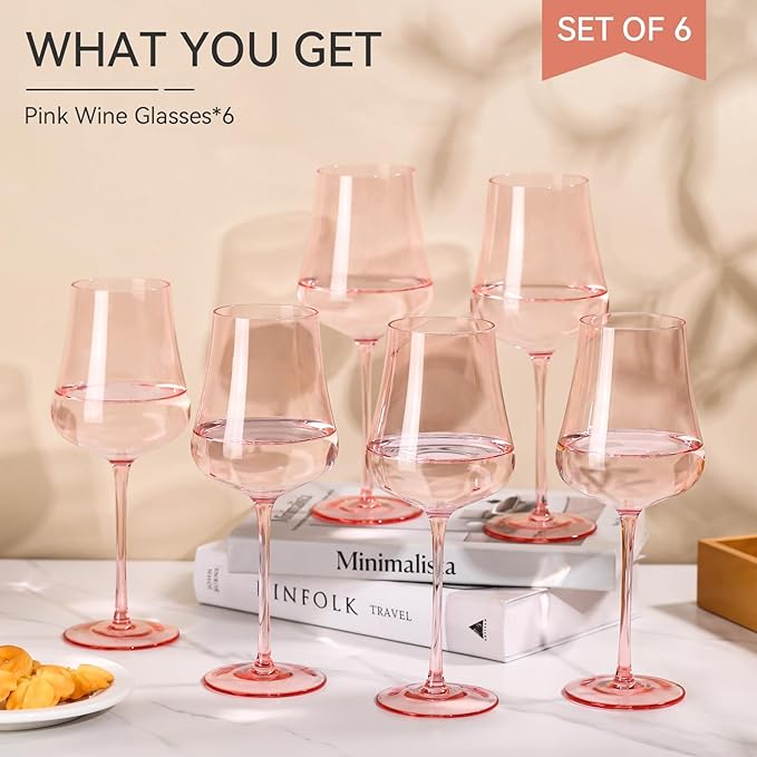 Pink Wine Glasses Set of 6-18oz Hand Blown Blush Pink Wine glasses - Unique Gift for Birthday,Wedding, housewarming