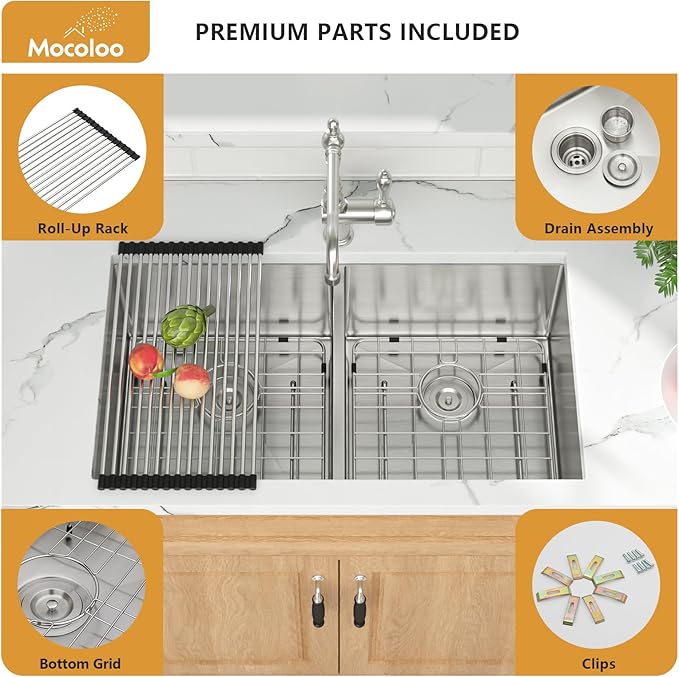 Mocoloo 33 Inch Kitchen Sink Double Bowl 16 Gauge 33 x 19 Stainless Steel Undermount Double Sink 50/50 Two Equal Compartment Under Counter Handmade, 10'' Deep Basin