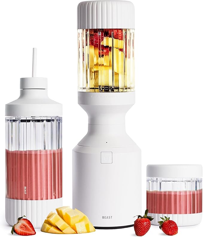 Beast Mega 1200 Plus | Premium Countertop Blender | Smoothies, Shakes, Sauces, Dips, Soups | Blends Ice and Frozen Fruit | XL Vessel | With Extra Vessels, Straw System | 1200W | (Cloud White, 120V)