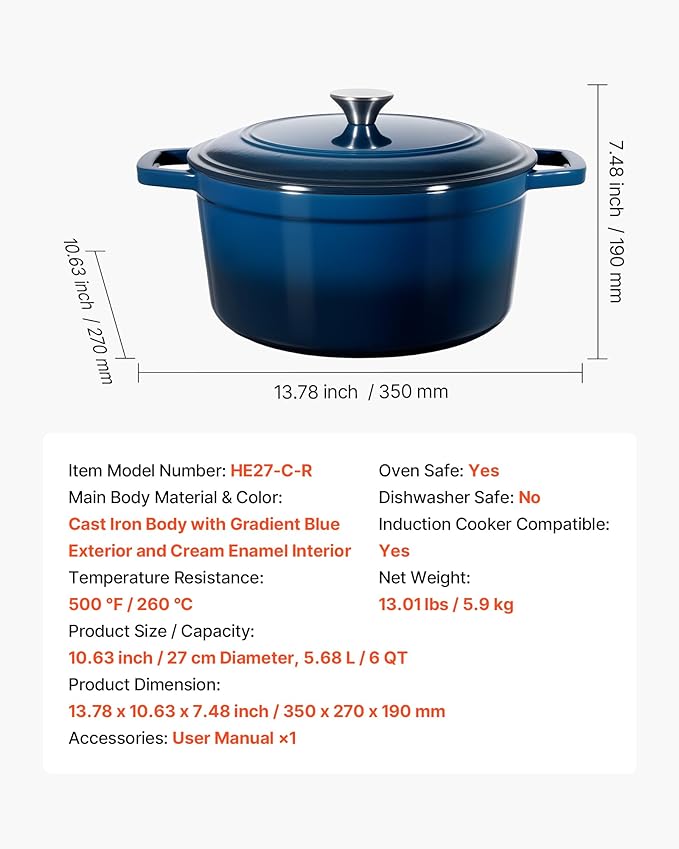 VEVOR Enameled Cast Iron Dutch Oven, 6 Quart Pot with Lid and Dual Handles, Heavy-Duty Durable Cookware Pan, Oven Induction Compatible up to 500℉, for Braising, Stews, Roasting, Bread Baking, Blue