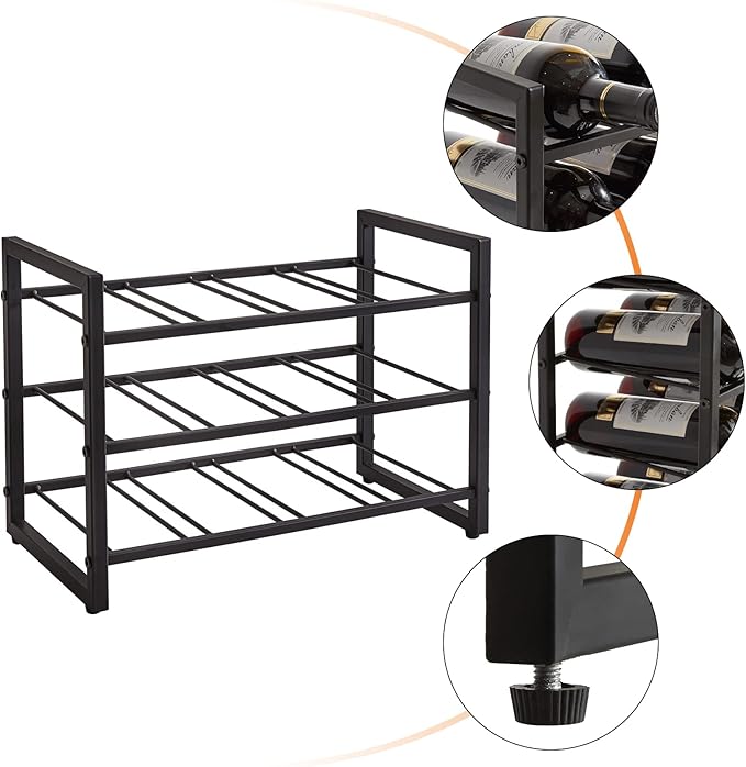 IBUYKE Wine Racks Countertop, 3 Tiers Metal Wine Rack,Wine Rack Freestanding Storage 12 Bottle Capacity, for Home Kitchen, Pantry, Wine Cellar, Bar, Black UTMJ906H