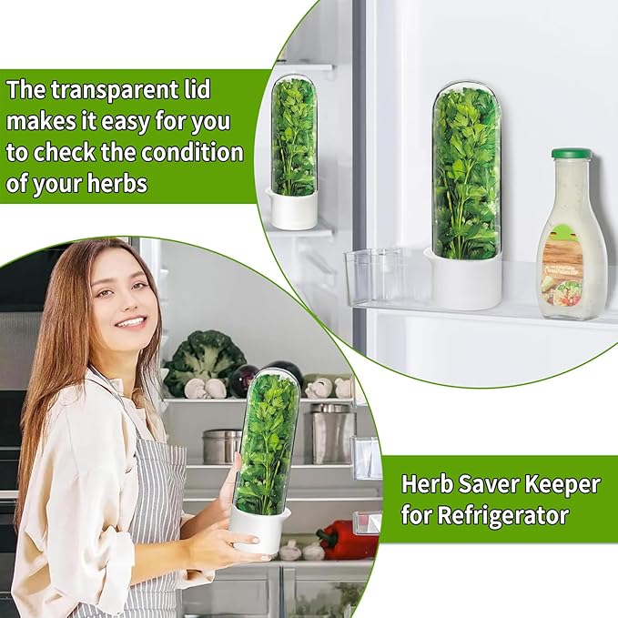 Herb Saver for Refrigerator, Herb Storage Container Cilantro Container for Fridge, Fresh Herb Keeper for Cilantro, Basil, Asparagus, Parsley, Keeps Greens Vegetables for 2-3 Weeks (2PCS)