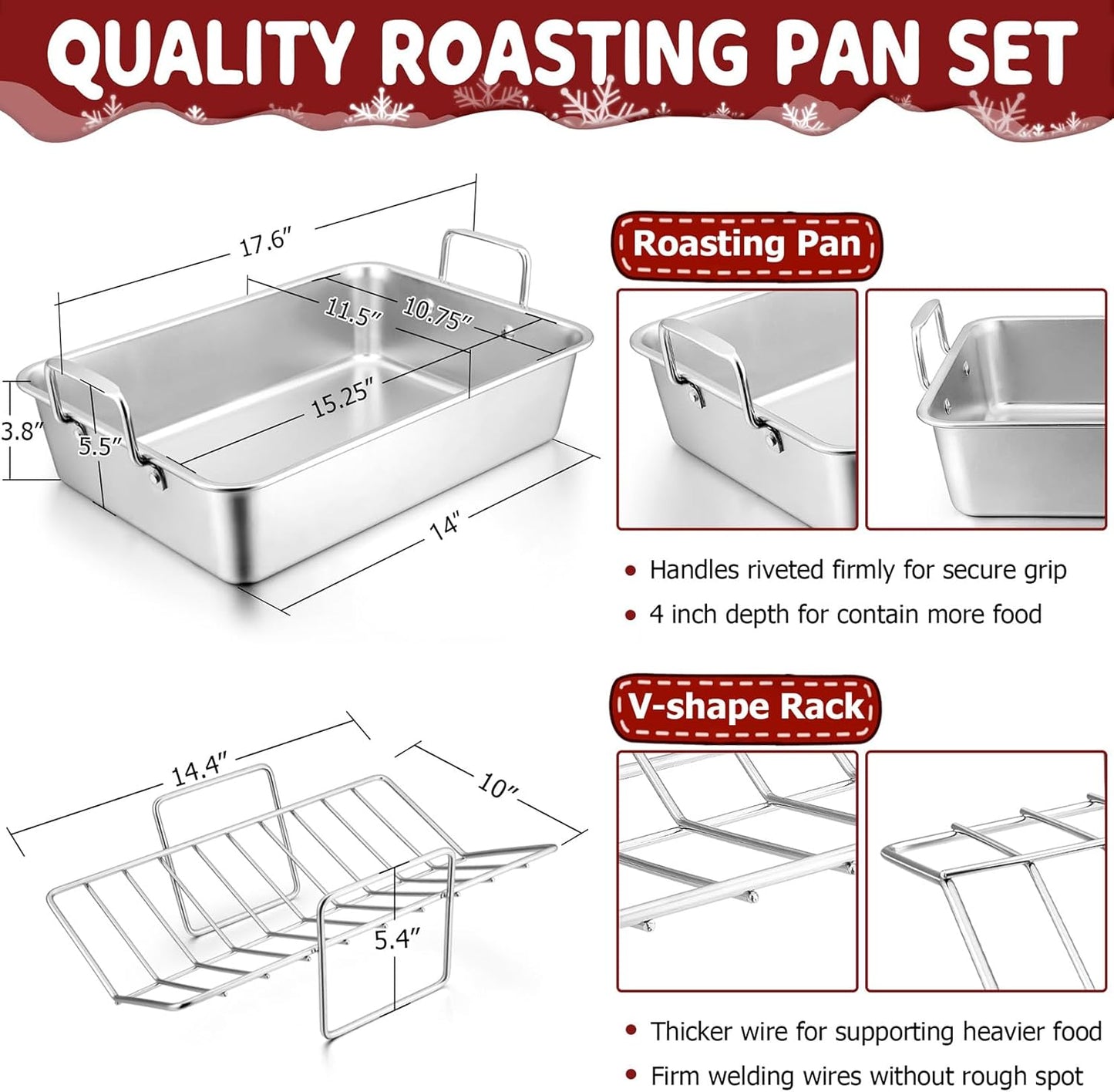Roasting Pan with Rack for Turkey Chicken, Joyfair Stainless Steel Roaster Pan and V-rack for Toaster Oven, Rectangular Bakeware with Sturdy Handles, Heavy Duty & Dishwasher Safe (Large)