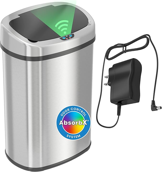 SensorCan 50 Liter / 13 Gallon Kitchen Trash Can with AC Adapter & Odor Filter – Motion Sensor Stainless Steel Garbage Bin for Home, Office, Garage – Slim Oval Shape, Large Capacity Design