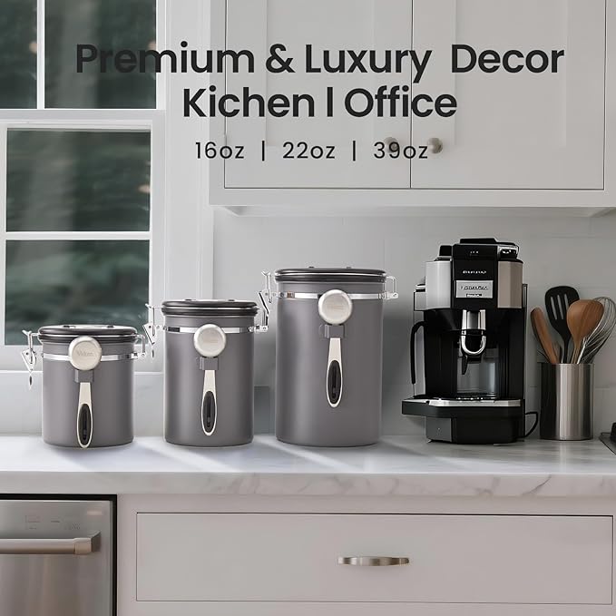 Veken Coffee Canister, 39OZ Large, Airtight Stainless Steel Food Storage Container for 2.2lbs Coffee Beans, Ground, Sugar, Tea, Flour, Cereal, Kitchen Bar Accessories with Date Tracker & Scoop, Gray