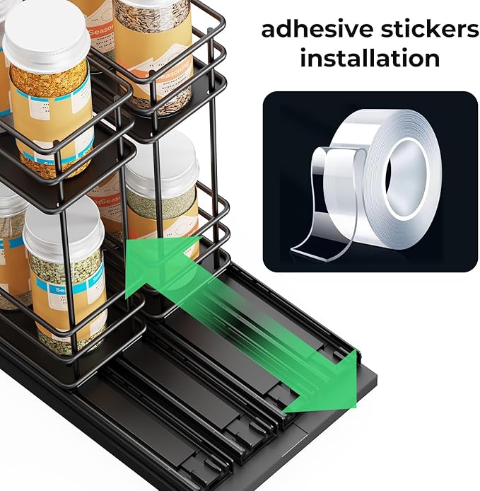Pull Out Spice Rack Organizer for Cabinet, Slide Out Spice Racks, Easy to Install Spice Cabinet Organizer, 2.1''Wx10.35''Dx8.26''H, 2 Drawers 2 Tiers(Black)