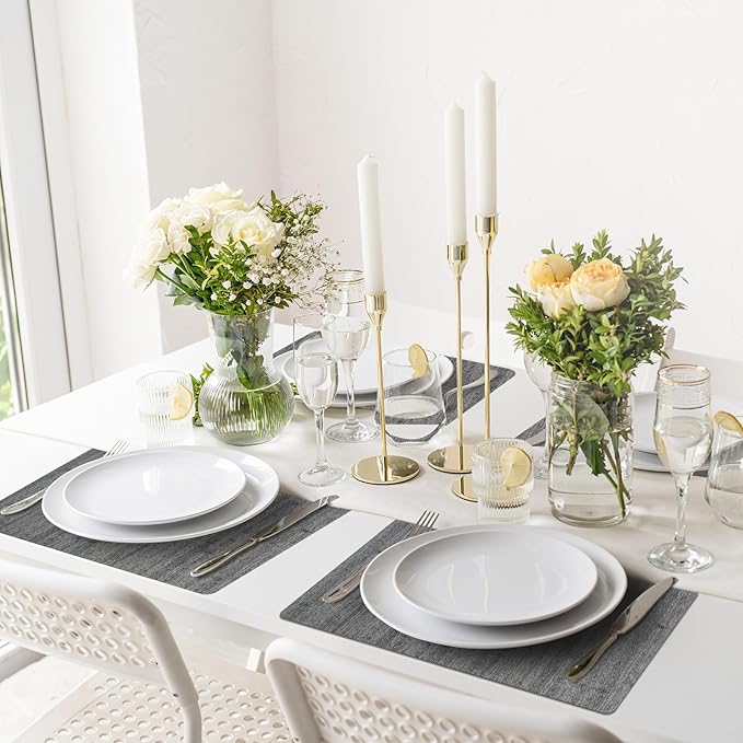 Vinyl Placemats Set of 6-12×17.7 Inch Waterproof & Heattable Placemats, Fall Faux Leather Wipeable Outdoor Table Mat for Dining, Kitchen, Indoor Outdoor Use (Grey, Wood Grain)