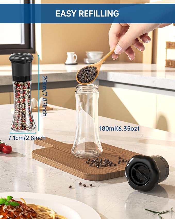 CIRCLE JOY Manual Pepper Grinder, Spice Mill for Professional Chef, Refillable Pepper Shakers with Ceramic Blades, Adjustable Coarseness and BPA-free 180ml Glass Container, Tall Black
