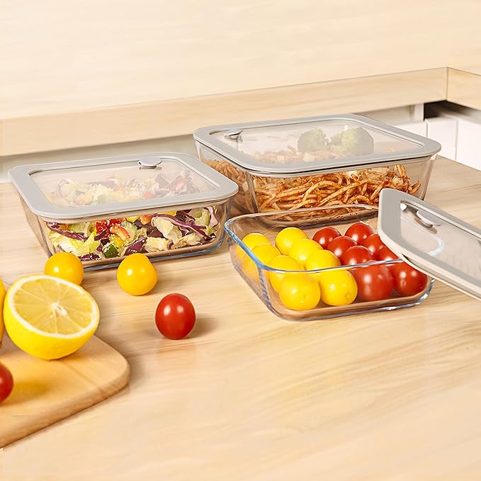 Glass Food Containers with Glass Lid, Microwave Safe Food Storage Container Set, 3 Pack, Square Shape, Food Containers with Lids, Meal Prep containers with Leak Proof Lid.