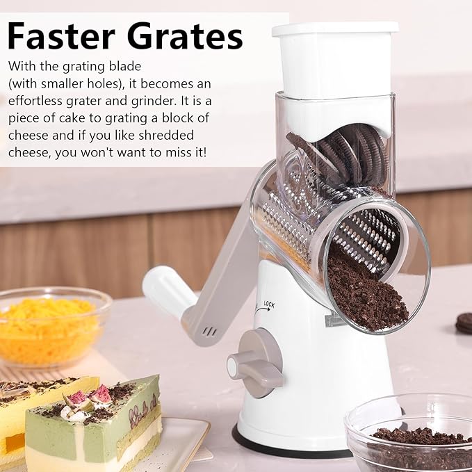 Rotary Cheese Grater, 3 in 1 Cheese Shredder Grater Rotary with Handle, Vegetable Mandoline Slicer Shredder for Vegetable, Cheese, Nut