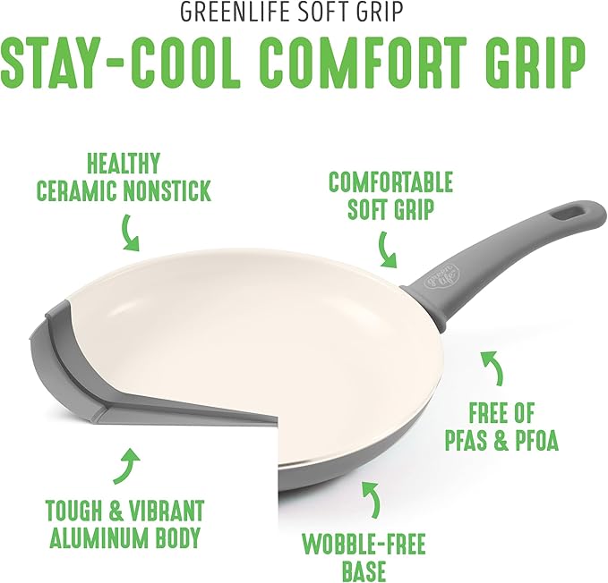 GreenLife Non Stick Fry Pan Set (7" & 10"), Non-Toxic PFAS-Free Ceramic Skillets, Dishwasher & Oven Safe, Egg Omelet Frying Pans, Stay- Cool Handles, Kitchen Home Cooking Essentials, Gray