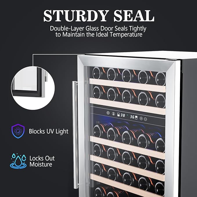 52 Bottle Wine Fridge with Lock, 24 Inch Wine Refrigerator for Red, White, Champagne, Beer, Dual Temperature Zone, Built-In or Freestanding, Wood Shelves, Stainless Steel Glass Door