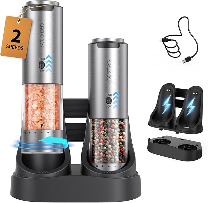 CIRCLE JOY Rechargeable Salt and Pepper Grinder Set Stainless Steel Electric Pepper Grinders with Variable Grinding Speed, External Adjustable Coarseness, Charging Base and White LED Light, Silver