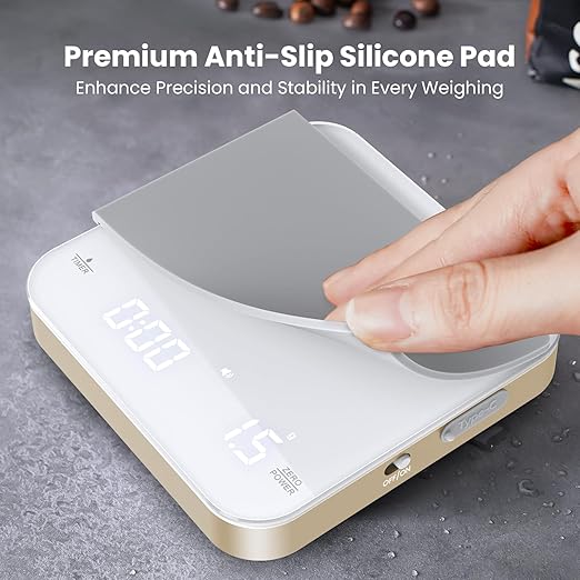 Rechargeable Mini Coffee Scale with Timer, Maestri House Espresso Scale, 2kg/0.1g Accurate Scale for Espresso and Pour-Over Coffee, Portable Digital Kitchen Scale with Automatic Timing（White&Glod）