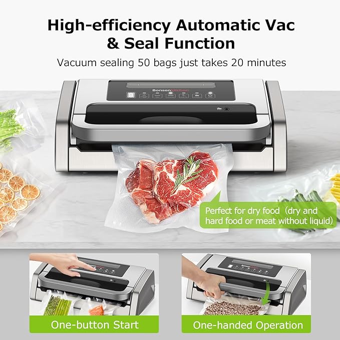 Bonsenkitchen Vacuum Sealer Machine, Powerful Low-Noise Food Vacuum Sealer, Globefish Technology for High-Speed Continuous Working (Full Silver)