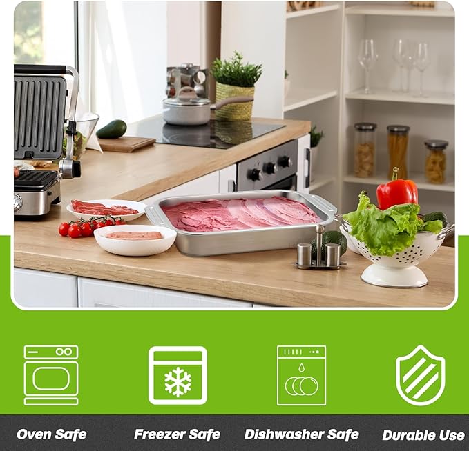 2 Pcs Stainless Steel Cake Pan 15 x 10 Inch Baking Pan with Handle Rectangle Baking Bakeware for Fish Cakes Breads Casseroles Vegetables Dishwasher Safe