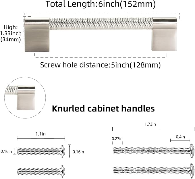 10 Pack 5 inch(128mm) Brushed Satin Nickel Kitchen Cabinet Handles Knurled Cabinet Pulls Drawer Pulls Kitchen Hardware