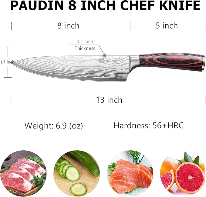 PAUDIN Chef Knife, 8 Inch High Carbon Stainless Steel Sharp Kitchen Knife with Ergonomic Handle, Gift Box for Family & Restaurant