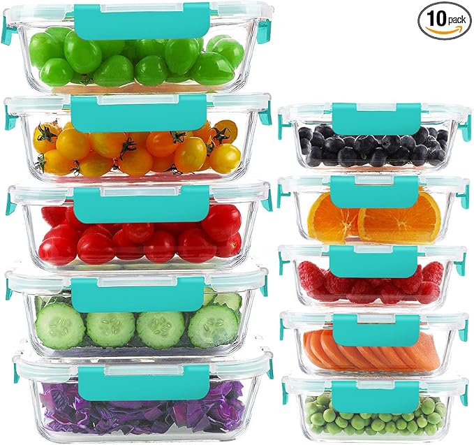 KAMOTA Glass Food Storage Containers, 10 Pack Glass Meal Prep Containers, Airtight Containers with Snap-Lock Lids, 34 oz and 13 oz green Container Set with Lids, for Microwave/Oven/Freezer