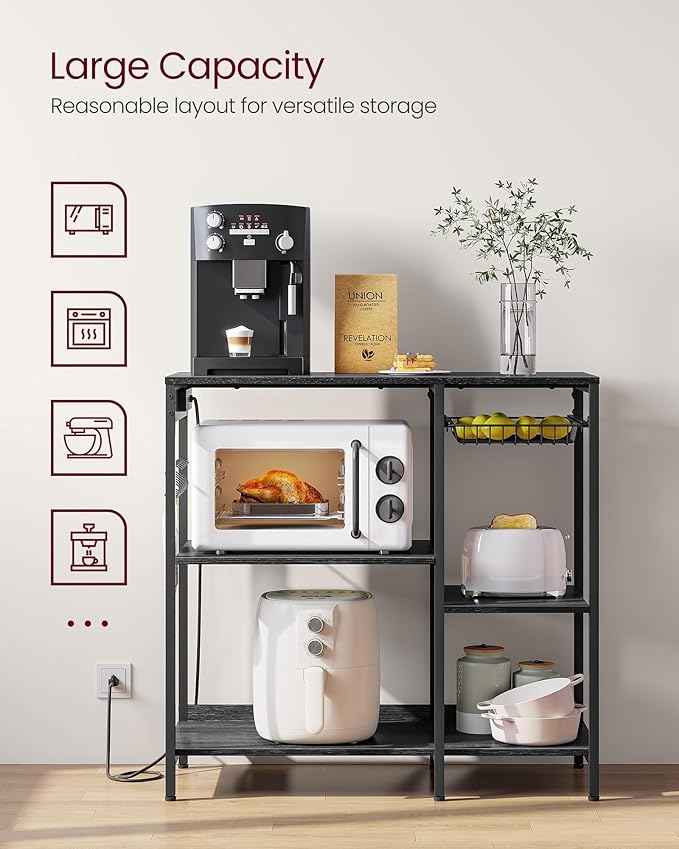 VASAGLE Baker's Rack, Coffee Bar Stand with Charging Station, Storage Shelves, Pull-Out Wire Basket, Table for Microwave, Kitchen, Charcoal Gray UKKS036B22, 15.7 x 35.4 x 35.6 Inches