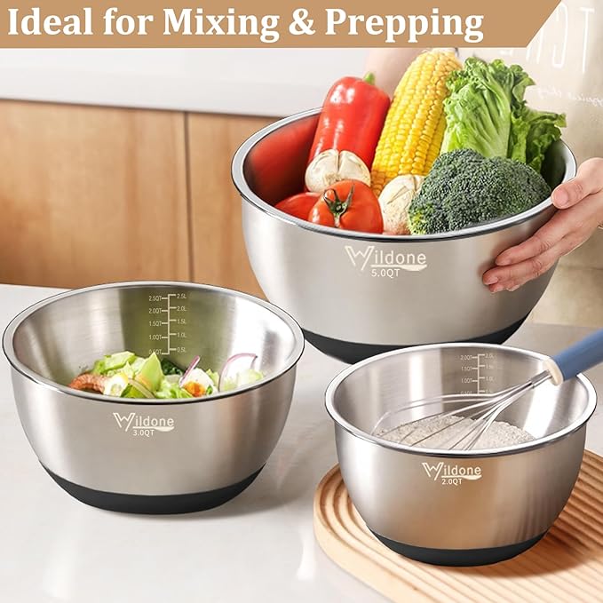 Wildone Mixing Bowls with Airtight Lids, 27 PCS Stainless Steel Nesting Bowls, with 3 Grater Attachments, Scale Mark & Non-Slip Bottom, Size 5, 4, 3, 2, 1.5, 1, 0.63QT, Ideal for Mixing & Prepping