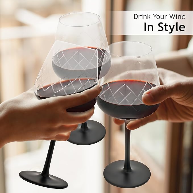 MIAMIO Premium Crystal Wine Glasses, Set of 4 with Black Long Stem Crystaluna Collection (Red Wine)