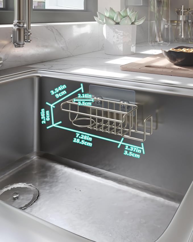 HapiRm Sink Caddy Sponge Holder - No Drill Sponge Holder for Kitchen Sink, Rustproof and Waterproof Kitchen Organizer - Brushed Nickel