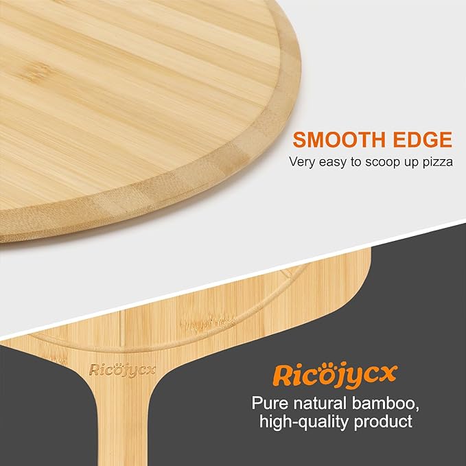 16 inch Natural Bamboo Pizza Peel Set of 2, Double-Sided Use Pizza Cutting Board with 8 Slice Grooves for Pizza, Bread, Cheese, Vegetable, Fruits
