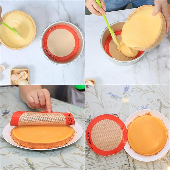 Round Silicone Baking Mats for 8 Inch Cake Pan, Food Grade, Non-Stick, Reusable Silicone Mat for Baking Pan for Bread/Tortilla/Macaron/Pastry/Pie/Bun or 9 Inch Pizza Pan, 2PCS