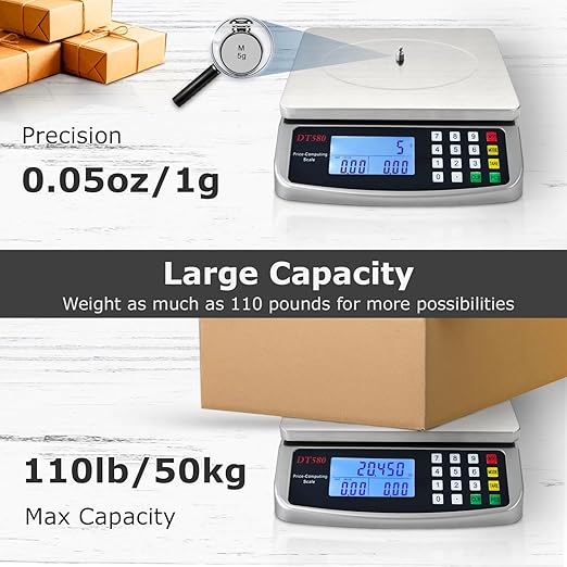 110lb/50kg Food Scale, Large Digital Kitchen Scale with Tray, 304 Stainless Steel, Commercial Price Computing Scale, Counting Scale for Baking, Cooking, Meat, Industry, Counting, Adapter Included