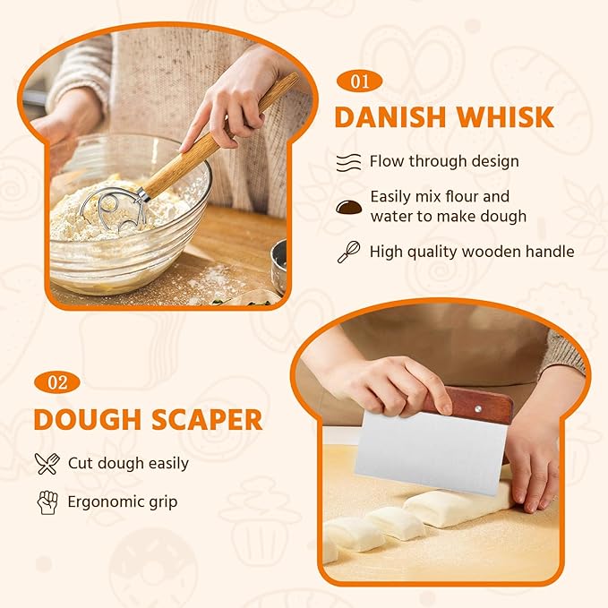 Banneton Bread Proofing Basket, Round 10 Inch Sourdough Starter Kit, Sourdough Bread Baking Supplies with Sourdough Proofing Basket Danish Dough Whisk Scoring Lame Dough Scraper Bread Bag with Sticker