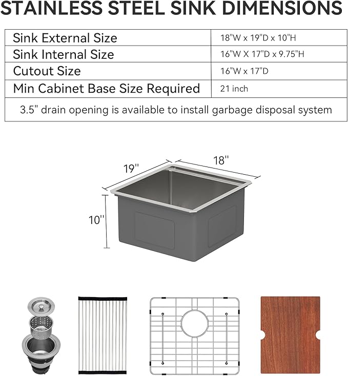 LORDEAR 18 inch Undermount Bar Sink Workstation - 18x19x10 Inch Bar Prep Sink 16 Gauge Stainless Steel Single Bowl Handmade RV Outdoor BBQ Camper Sink with Full Cutting Board