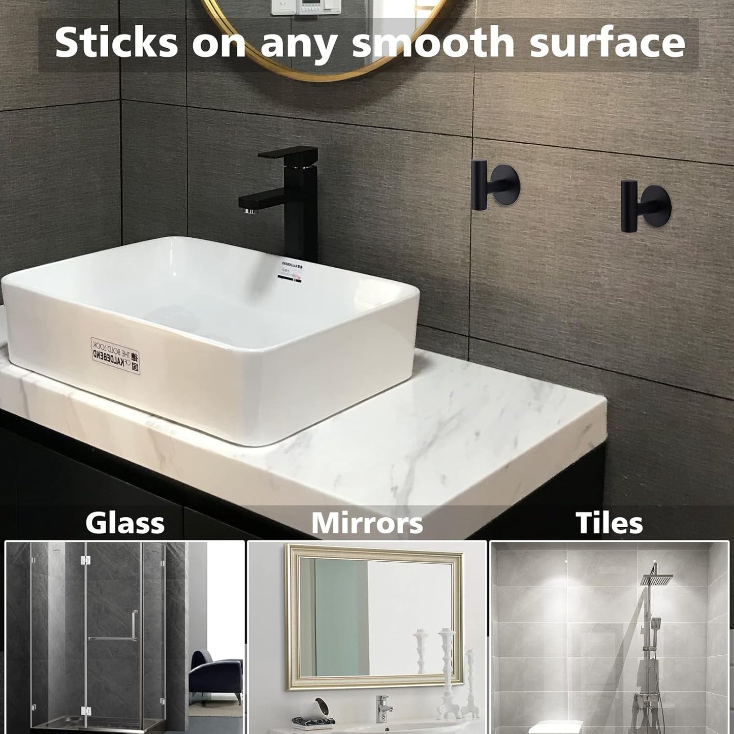 Adhesive Towel Hooks, Heavy Duty Wall Hooks Stainless Steel Waterproof Shower Towel Hooks, Coat Hook for Hanging Clothes, Adhesive Hooks for Bathroom, Glass Window- 4 Pack, Black