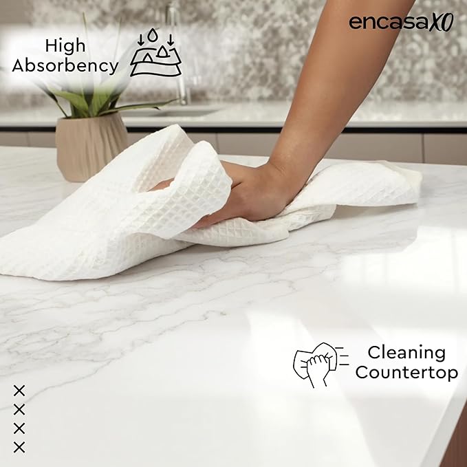 Encasa XO Kitchen Dish Towels Set | White | Waffle Weave and Flat Hand Tea Towel | 28"x18" | Quick Drying Reusable Cotton Washcloths | Multipurpose Lightweight Dishcloths Set of 4