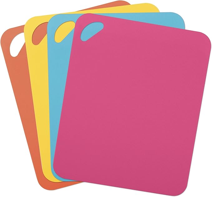 Dexas Heavy Duty Cutting Board Grippmat, Flexible Cutting Boards for Kitchen, Set of 4, Non Slip Plastic Board Cutting Mat 11.5 by 14 inches, Bright Blue, Yellow, Orange and Pink Set Kitchen Gadgets
