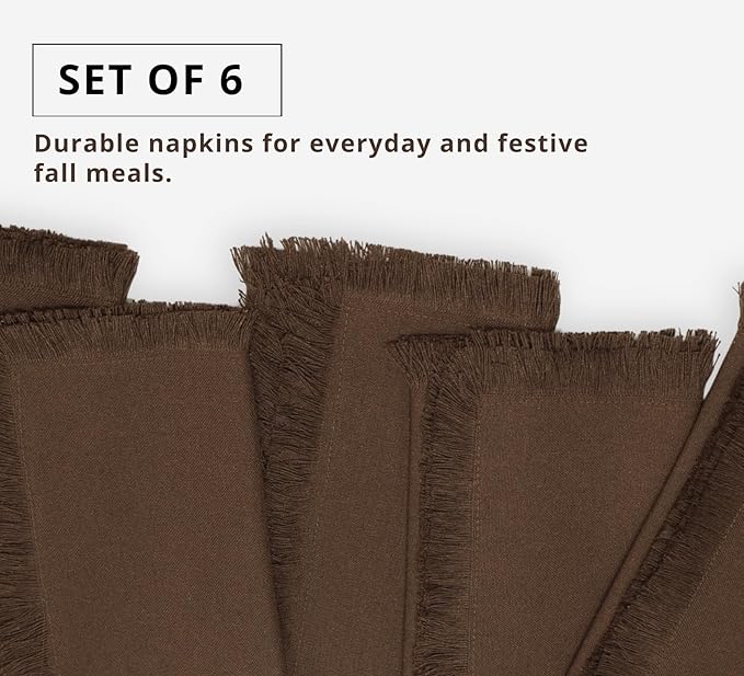 PurpleEssences Cloth Napkins with Fringes, 100% Cotton Christmas Holiday Winter Table Decor, Set of 6 18x18 Inch Reusable Dinner Napkins for Parties and Weddings - Brown