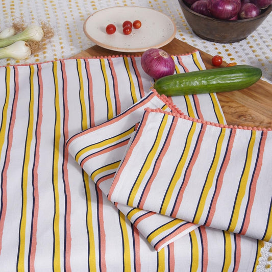 Printed Kitchen Dish Bar and Tea Towels Cotton, 18x28 inch with Trims, Cotton Dish Towel Sets (Yellow Stripes, Set of 6)
