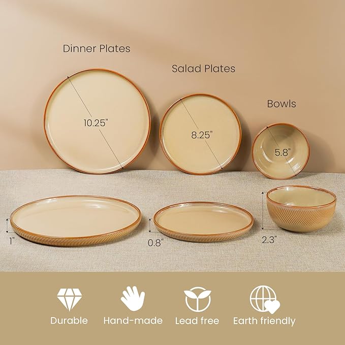 Earthsong Dinnerware Sets for 8, 24-Piece Ceramic Plates and Bowls Set, Dishwasher and Microwave Safe Stoneware Dishes Set, Ribbed, Caramel Dusk
