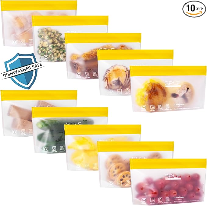 SPLF 10 Pack Stand-Up Reusable Snack Bags Dishwasher Safe, BPA Free Food Storage Bags, Extra Thick Leakproof Freezer Bags Silicone Snack Pouch For Candy, Fruits, Cereal, Home Organization