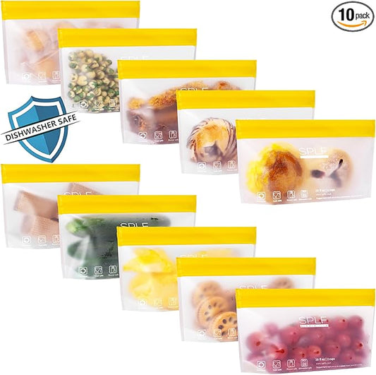SPLF 10 Pack Stand-Up Reusable Snack Bags Dishwasher Safe, BPA Free Food Storage Bags, Extra Thick Leakproof Freezer Bags Silicone Snack Pouch For Candy, Fruits, Cereal, Home Organization