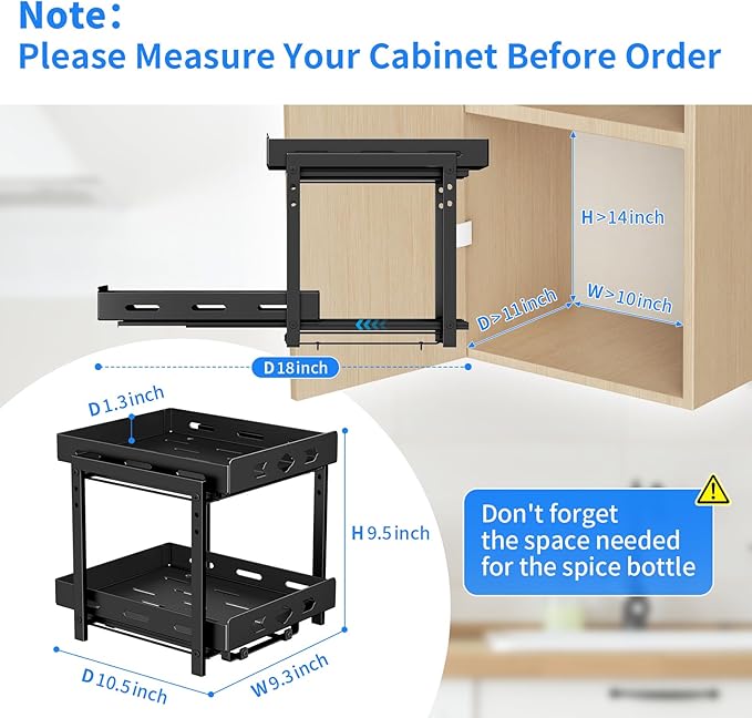 Pull Out Spice Rack Organizer for Cabinet, 2 Tier Cabinet Spice Rack Organizer, Height Adjustable Vertical Spice Rack for Kitchen Cabinet (11.9''Wx10.8''Dx9.2''H, Metal Black)