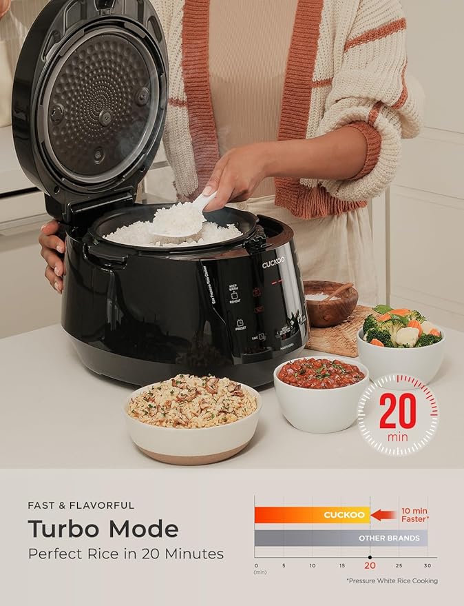 CUCKOO High Pressure Rice Cooker 10-Cup Uncooked / 20-Cup Cooked with Nonstick Inner Pot, Large Rice Maker with 13 Menu Options and Steam Plate, Fuzzy Logic Tech, Auto Clean, Black (CRP-PK1001S)