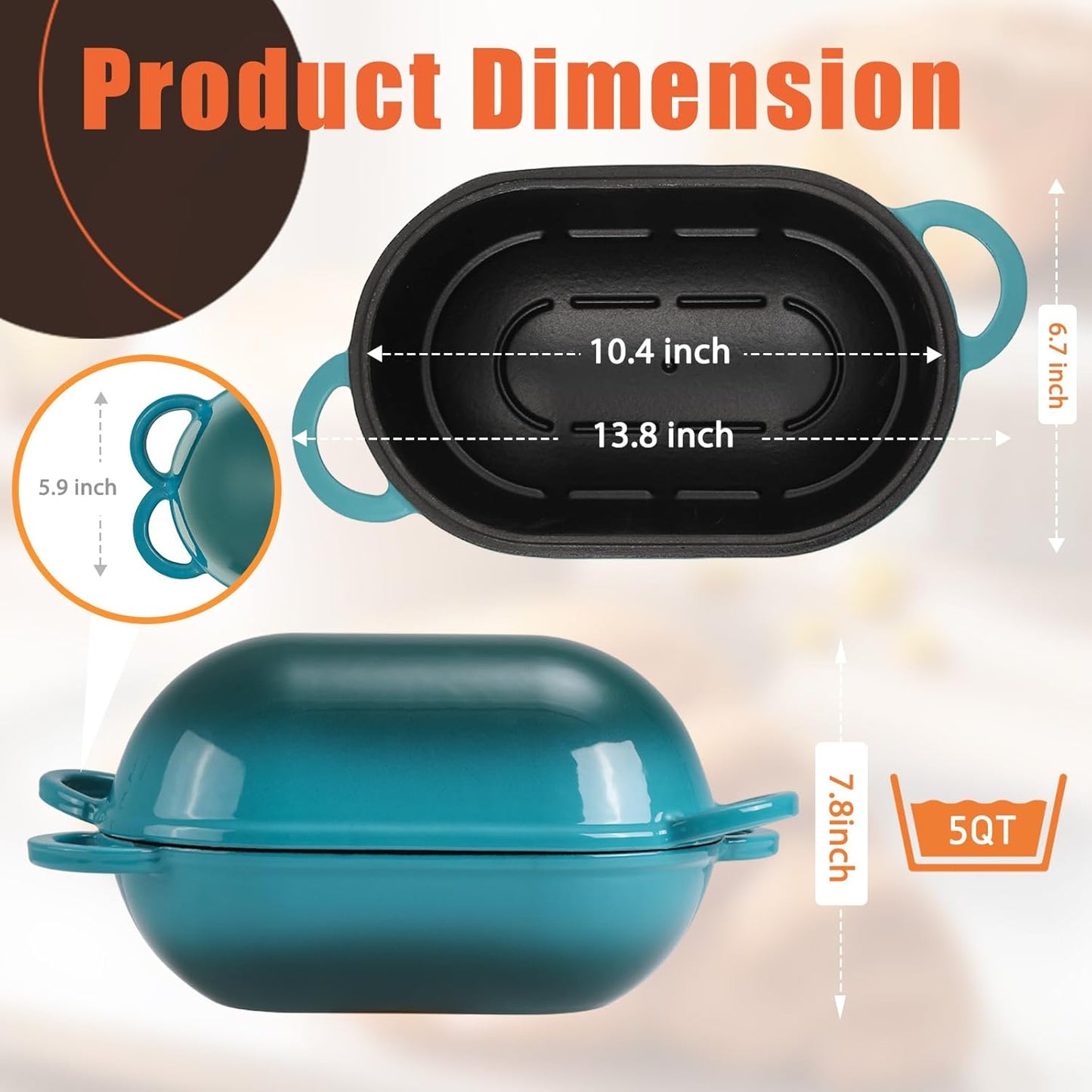 Enameled Cast Iron Bread Oven, 5QT Loaf Cast Iron Bread Pan with Lid, Oval Dutch Oven for Homemade Bread Baking (Gradient Blue-green)