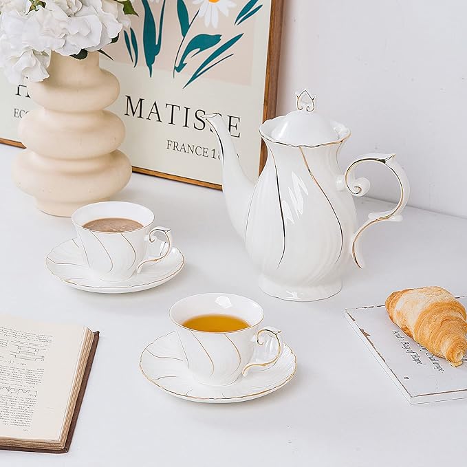 tea cups and saucers ceramic coffee mug 6oz for Coffee, Latte, Cafe Mocha and Tea-Set of 4, White