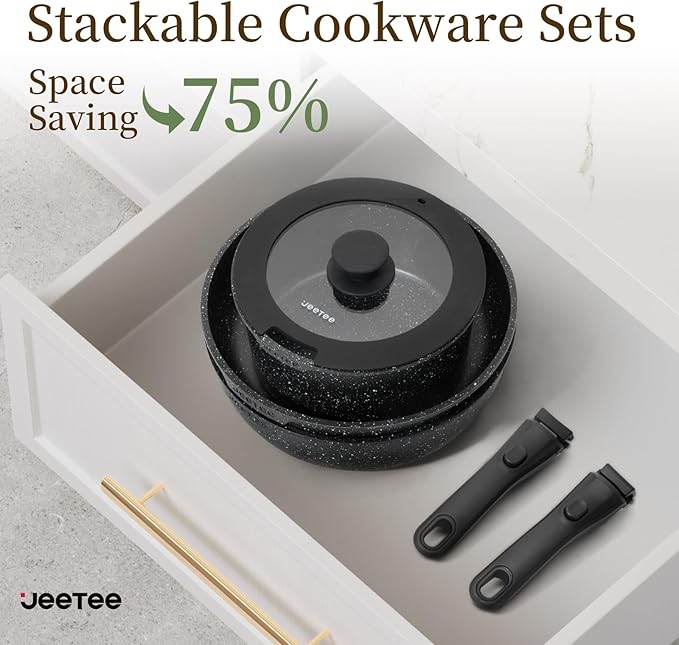 JEETEE Pots and Pans Set Non Stick 17pcs, Kitchen Cookware Sets with Detachable Handle, Induction Nonstick Cookware Set with Removable Handle, Stackable RV Cookware, Oven Safe, PFAS/PFOA Free, Black