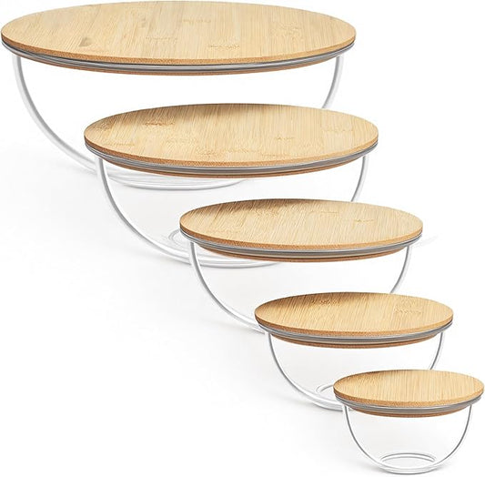 Vtopmart 5 Pack Glass Mixing Bowls with Bamboo Lids Set (3.75/2.1/1.1/0.5/0.2 QT), Salad Bowl Set, Nesting Kitchen Bowls for Serving, Prepping, Cooking and Baking, Dishwasher & Microwavable Safe