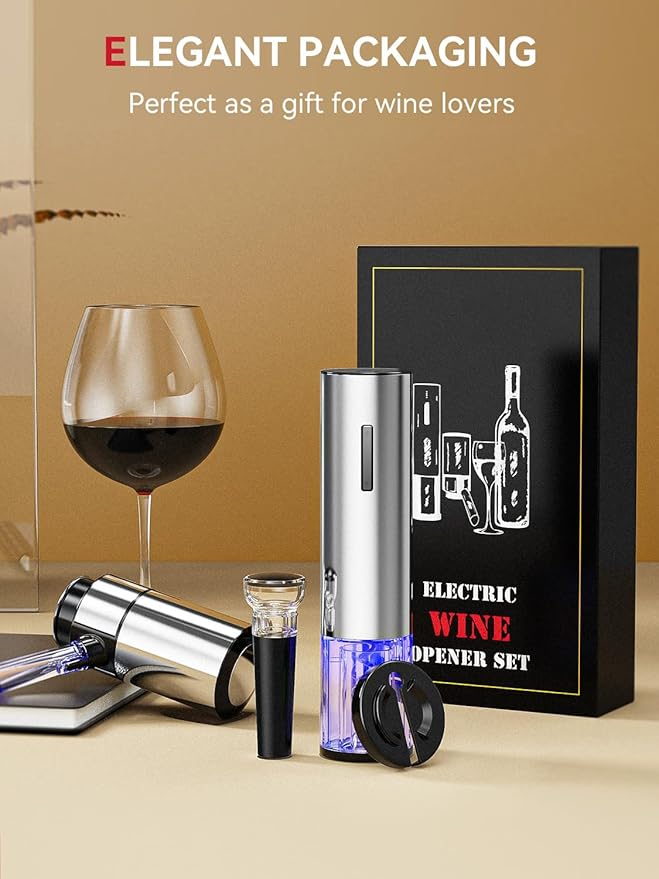 Rechargeable Electric Wine Gift Set - Aerator, Vacuum Stoppers, Foil Cutter and Bottle Opener for Home Bar and Outdoor Parties (Silver)