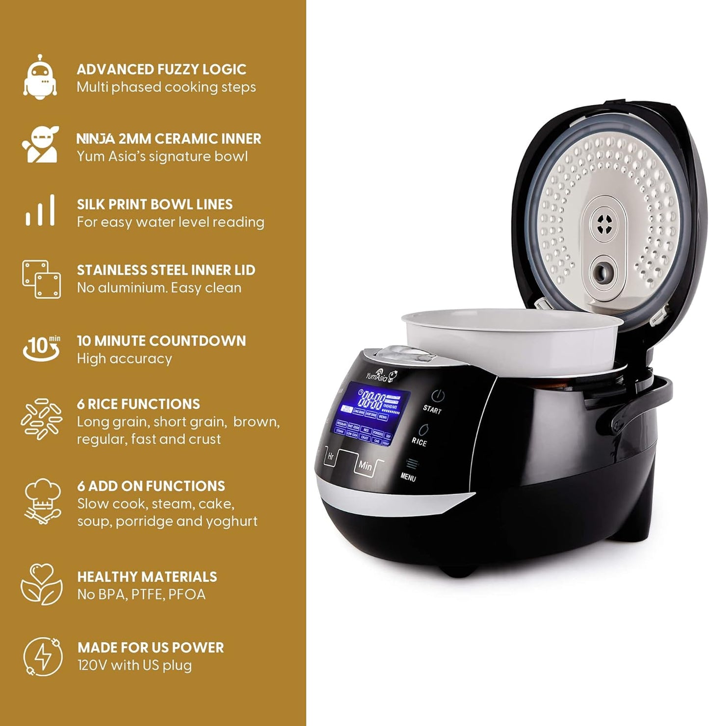 Yum Asia Sakura Rice Cooker with Ceramic Bowl and Advanced Fuzzy Logic (8 Cup, 1.5 Litre) 6 Rice Cook Functions, 6 Multicook Functions, Motouch LED Display, 120V Power (Black and Silver)