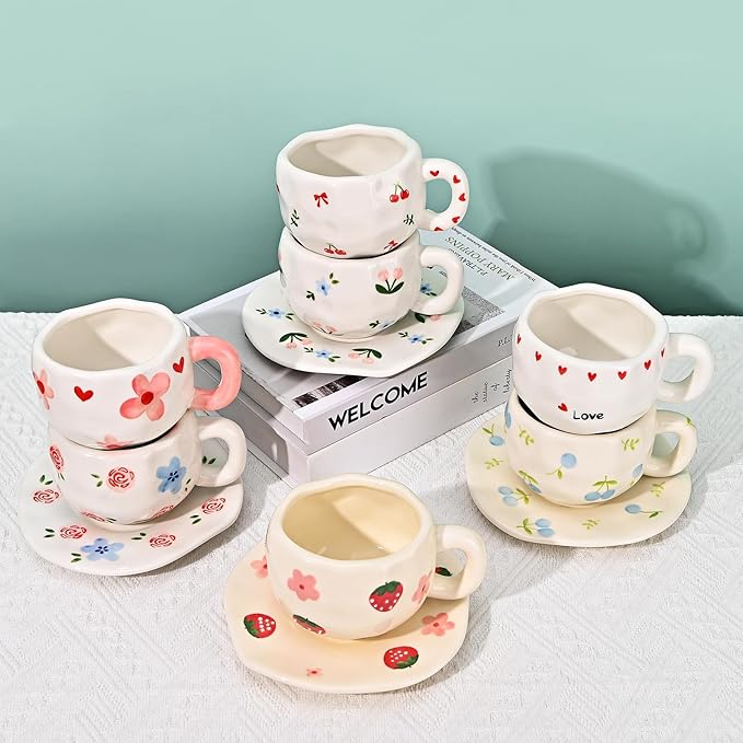 Koythin Ceramic Coffee Mug with Saucer Set, Cute Creative Pink Flower Cup Unique Irregular Design for Office and Home, 10 oz/300 ml for Latte Tea Milk